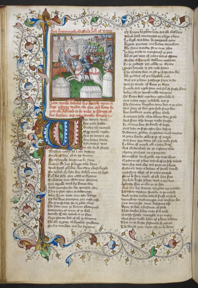 Royal MS 18 D II, f.66v, Miniatur von Hektor, der Patroklus tötet, mit einer illuminierten Initiale 