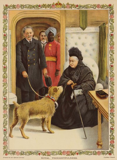 Königliche Fürsorge - Königin Victoria am Bahnhof Paddington, wohltätige Spende (Chromolithografie) von English School