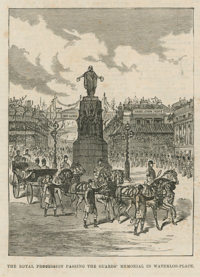 Königliche Prozession passiert das Guards Memorial am Waterloo Place von English School