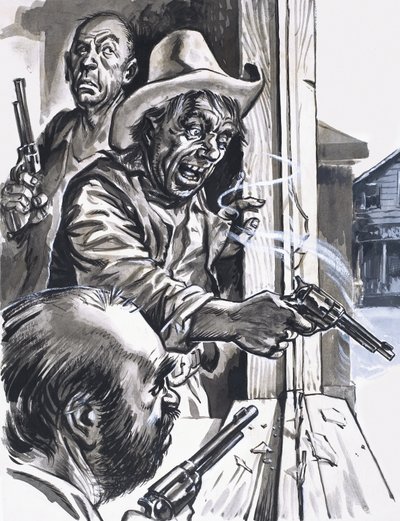 Raufbold-Cowboys schießen aus dem Fenster von English School