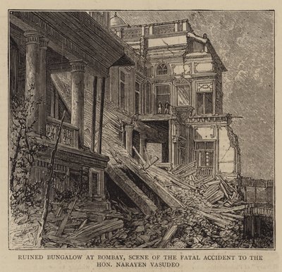Zerstörtes Bungalow in Bombay, Schauplatz des tödlichen Unfalls des ehrenwerten Narayen Vasudeo von English School