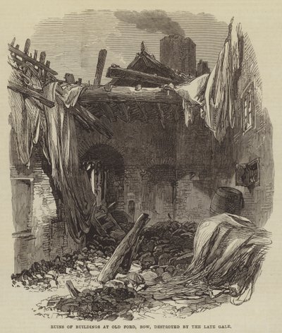 Ruinen von Gebäuden in Old Ford, Bow, zerstört durch den letzten Sturm von English School