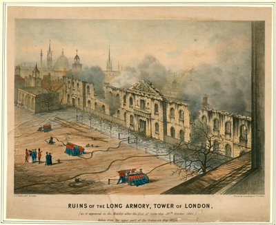 Ruinen der langen Rüstkammer, Tower von London Feuer, 1841 von English School