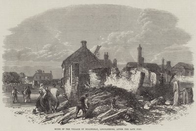 Ruinen des Dorfes Billinghay, Lincolnshire, nach dem letzten Feuer (Stich) von English School