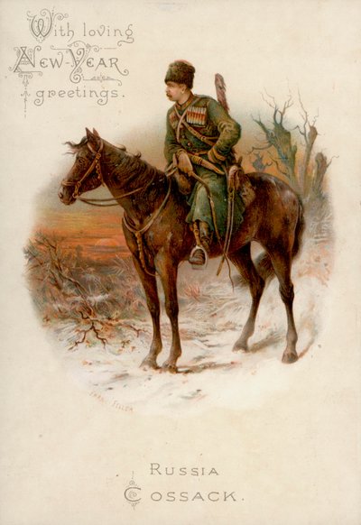 Russischer Kosake zu Pferd: Neujahrskarte von English School
