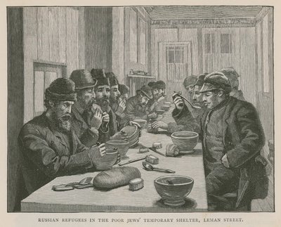 Russische Flüchtlinge im vorübergehenden Schutzraum für arme Juden, Leman Street, London von English School