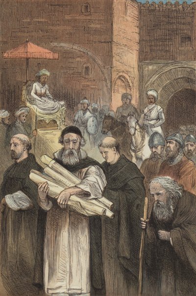 Saladin erlaubt den Christen, Jerusalem zu verlassen (farbige Gravur) von English School