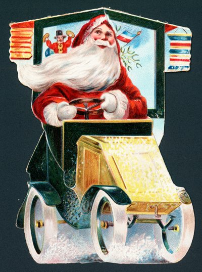 Weihnachtsmann fährt Auto, Weihnachtskarte von English School