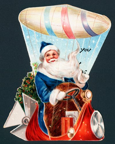 Weihnachtsmann fährt Luftschiff, Weihnachtskarte von English School