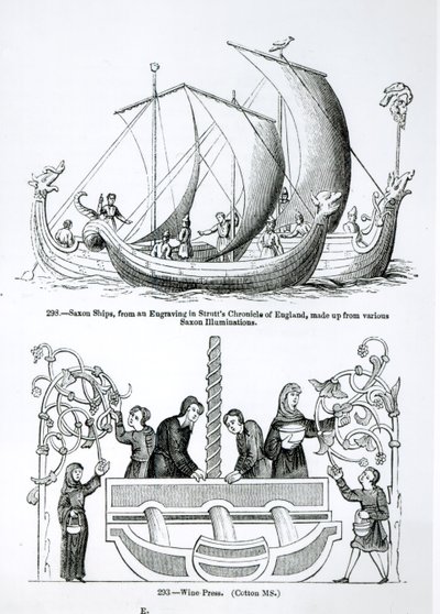 Sächsisches Schiff, aus einem Stich in Strutts Chronicle of England und einer Weinpresse von English School