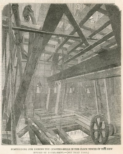 Gerüst zum Heben der Viertelglocken im Uhrturm der neuen Parlamentsgebäude von English School