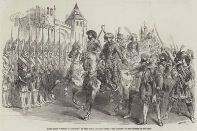 Szene aus „Pietro il Grande“ an der Royal Italian Opera, die Überprüfung bei der Schlacht von Pultava (Gravur) von English School