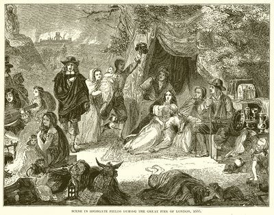 Szene in den Highgate-Feldern während des Großen Brandes von London, 1666 von English School
