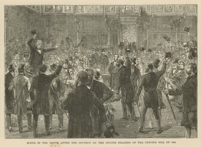 Szene im House of Commons nach der Abstimmung über die zweite Lesung des Reformgesetzes von 1866 von English School
