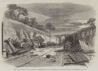 Szene des kürzlichen Eisenbahnunfalls in Winchburgh auf der Edinburgh und Glasgow Eisenbahn (Stich) von English School