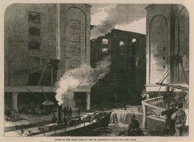 Szene des großen Feuers an den St. Katherine Docks von English School