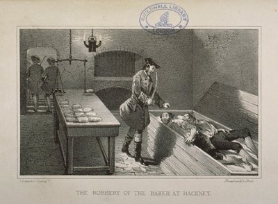 Szene des Überfalls auf einen Hackney-Bäcker, ca. 1730 von English School