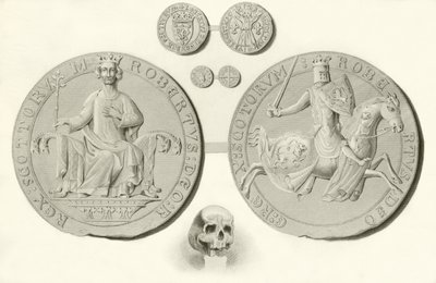 Siegel, Münzen und Schädel von König Robert Bruce von English School