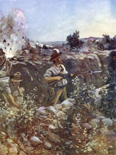 Leutnant Hugo Throssell hält einen Teil eines eroberten türkischen Grabens gegen Gegenangriffe des Feindes, Hill 60, Gallipoli, 29. August 1915 von English School