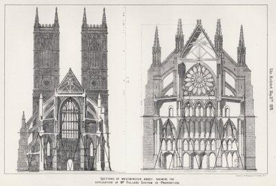 Schnitte der Westminster Abbey, die Anwendung von Mr. Pullans Proportionssystem zeigend (Gravur) von English School