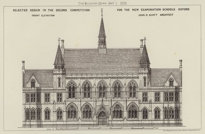 Ausgewähltes Design im zweiten Wettbewerb für die neuen Prüfungsschulen Oxford, Vorderansicht (Gravur) von English School
