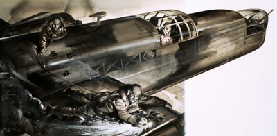 Sergeant James Allen Ward geht auf dem Flügel eines Wellington-Bombers von English School