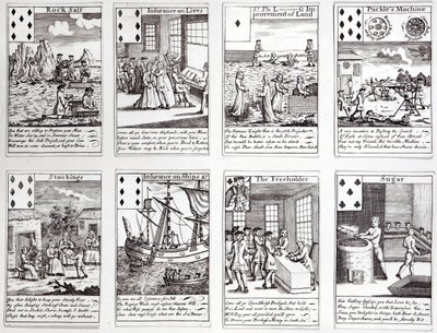 Kartenspiel mit satirischen Szenen aktueller kommerzieller Unternehmungen und Investitionen von English School
