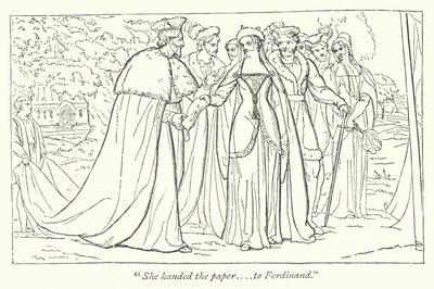 Verlorene Liebesmüh; Die französische Prinzessin überreicht Ferdinand ein Dokument ihres Vaters (Stich) von English School