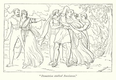 Shakespeares Titus Andronicus; Demetrius, angestiftet von Tamora, ermordet Bassianus (Gravur) von English School