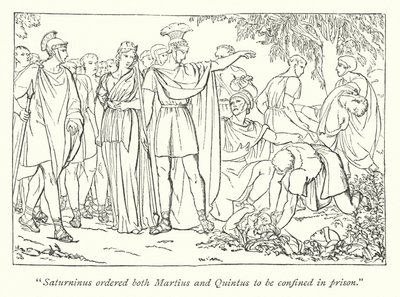 Shakespeares Titus Andronicus; Martius und Quintus werden wegen des Mordes an Bassianus verhaftet (Gravur) von English School