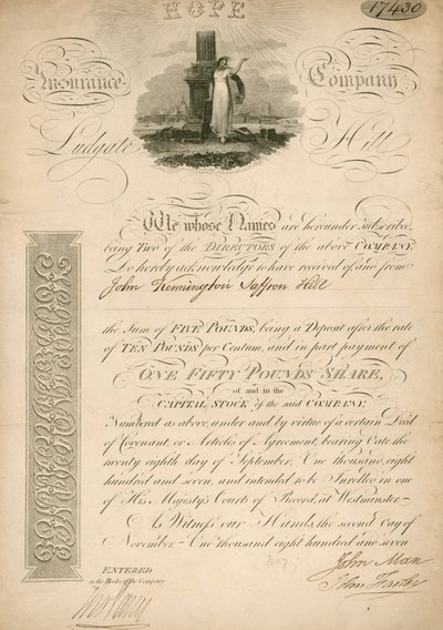 Aktie der Hope Insurance Company, Ludgate Hill, London von English School