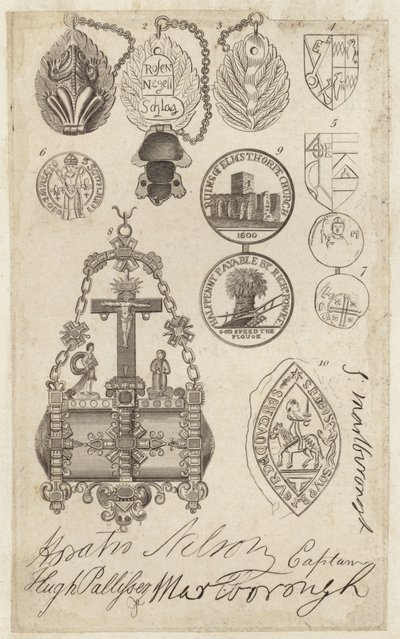 Blatt mit Münzen, Siegeln und Marken, mit Faksimiles von Unterschriften von English School