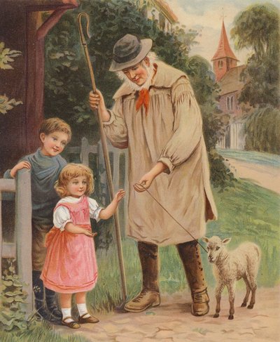 Hirte übergibt einem kleinen Mädchen die Zügel eines Lamm-Haustiers von English School
