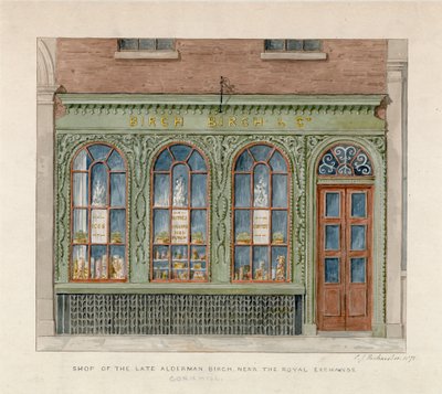 Laden des verstorbenen Stadtrats Birch in der Nähe der Royal Exchange. 1871 von English School
