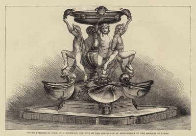Silberne Epergne in Form eines Brunnens, das Geschenk der Herren von Argyllshire an den Marquis von Lorne (Gravur) von English School