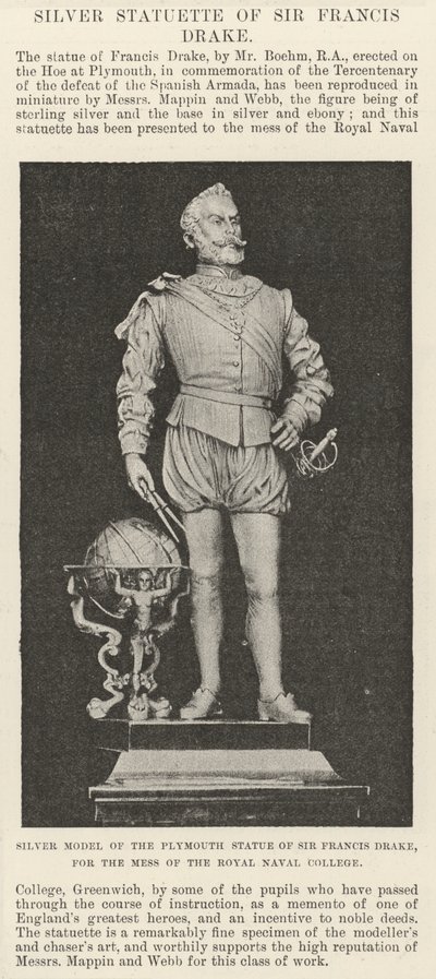 Silbermodell der Plymouth-Statue von Sir Francis Drake für die Messe des Royal Naval College von English School