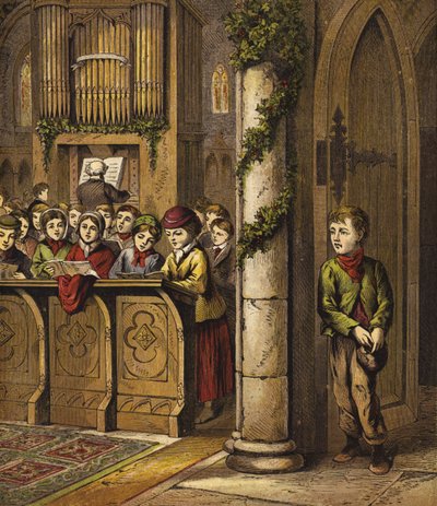 Weihnachtslieder in der Kirche singen, mit einem armen Jungen an der Tür von English School