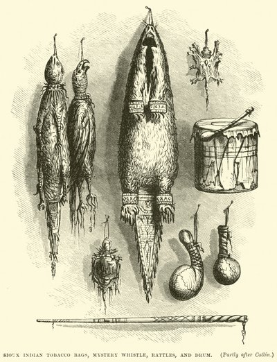 Sioux-Indianer Tabakbeutel, Geheimnispfeife, Rasseln und Trommel von English School