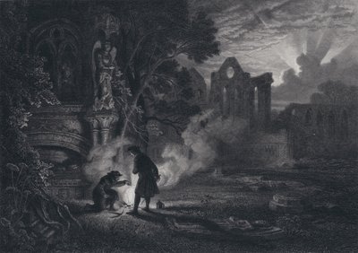 Sir Arthur und Dousterswivel in den Ruinen von St. Ruth (Stich) von English School