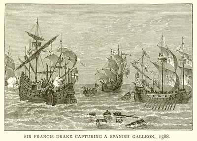 Sir Francis Drake erobert eine spanische Galeone, 1588 von English School