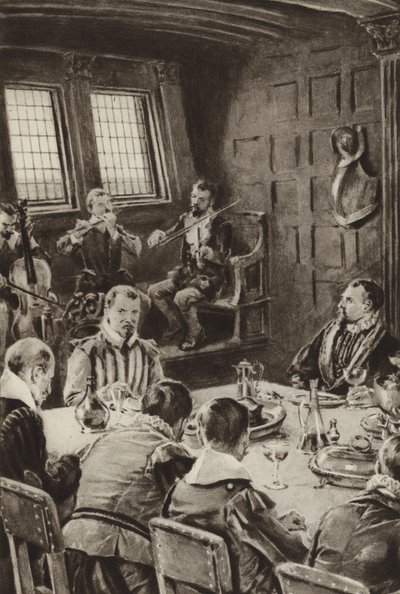 Sir Francis Drake, speist auf der Golden Hind zum Klang von Geigen von English School