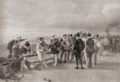 Sir Francis Drake spielt Bowls, mit der spanischen Armada in Sichtweite in Plymouth Hoe, England, 1588 von English School