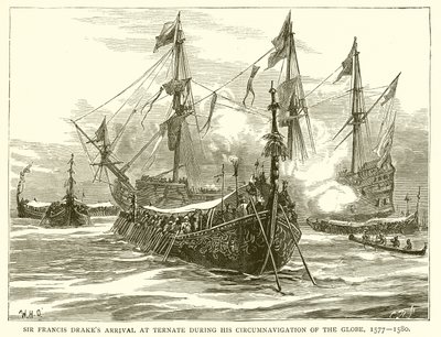 Sir Francis Drakes Ankunft in Ternate während seiner Weltumsegelung, 1577-1580 von English School