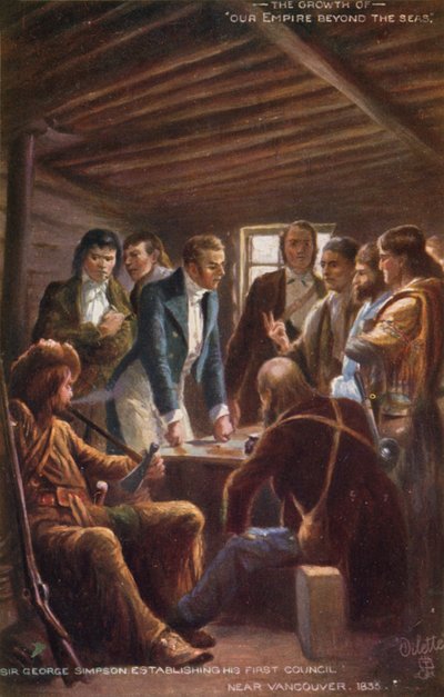 Sir George Simpson gründet seinen ersten Rat in der Nähe von Vancouver, 1835 von English School