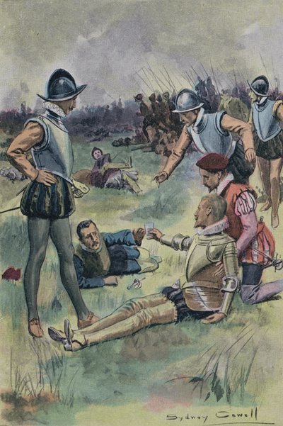 Sir Philip Sidney bietet einem anderen verwundeten Soldaten bei der Schlacht von Zutphen, Niederlande, 1586, sein Wasser an von English School