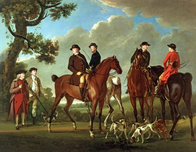 Sir Thomas Gascoigne und Sir Walter Vavasour mit dem Priester, dem Vikar und Jagddienern von English School