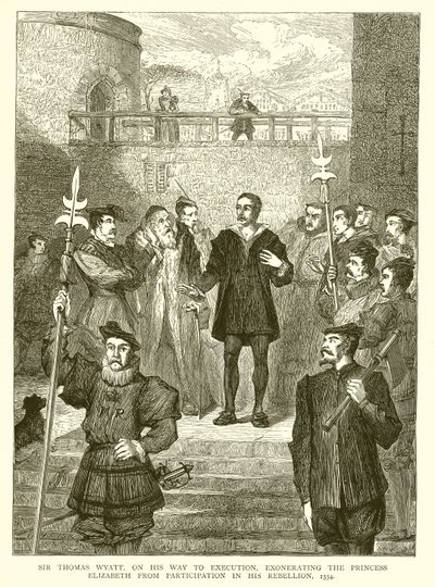 Sir Thomas Wyatt auf dem Weg zur Hinrichtung, Prinzessin Elisabeth von der Teilnahme an seiner Rebellion freisprechend, 1554 von English School