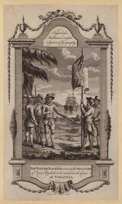 Sir Walter Raleigh befiehlt, das Banner von Königin Elizabeth an der Küste von Virginia zu errichten (Stich) von English School