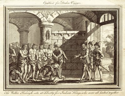 Sir Walter Raleigh befreit fünf indianische Könige, die alle miteinander verbunden waren (Gravur) von English School