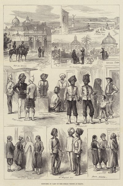 Skizzen im Lager der indischen Truppen auf Malta (Gravur) von English School